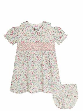 JoJo Maman Bébé Pink Ditsy Floral Smocked Dress, w/ bloomers, 12-18 months, NWT